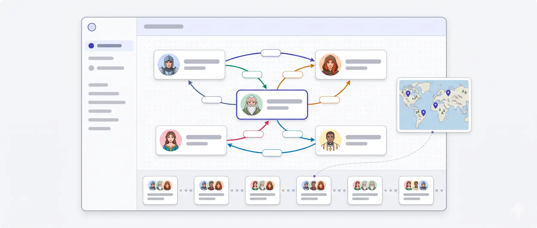 Character map, chapter timeline, and world map preview